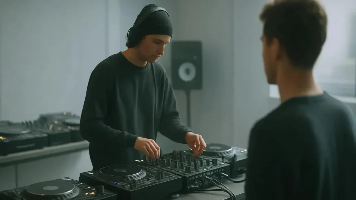 DJ school Nederland cover: moderne AI-gegenereerde visual met draaitafels, mixer en energieke lichtshow