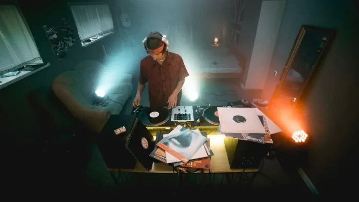 DJ-cursussen voor beginners: DJ mixt vinyl in sfeervol, dim verlichte appartementruimte