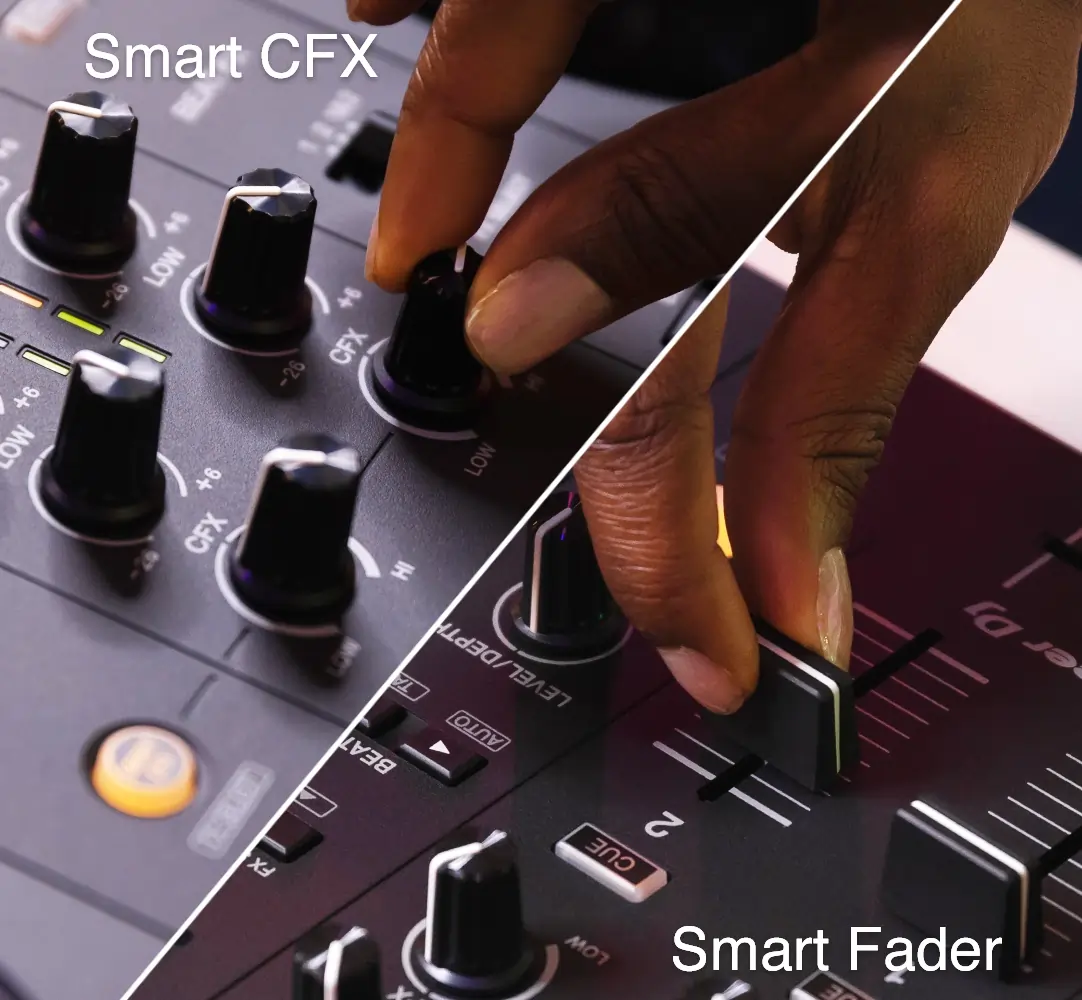 Pioneer DDJ-FLX4 Smart Fader en performance pads close-up