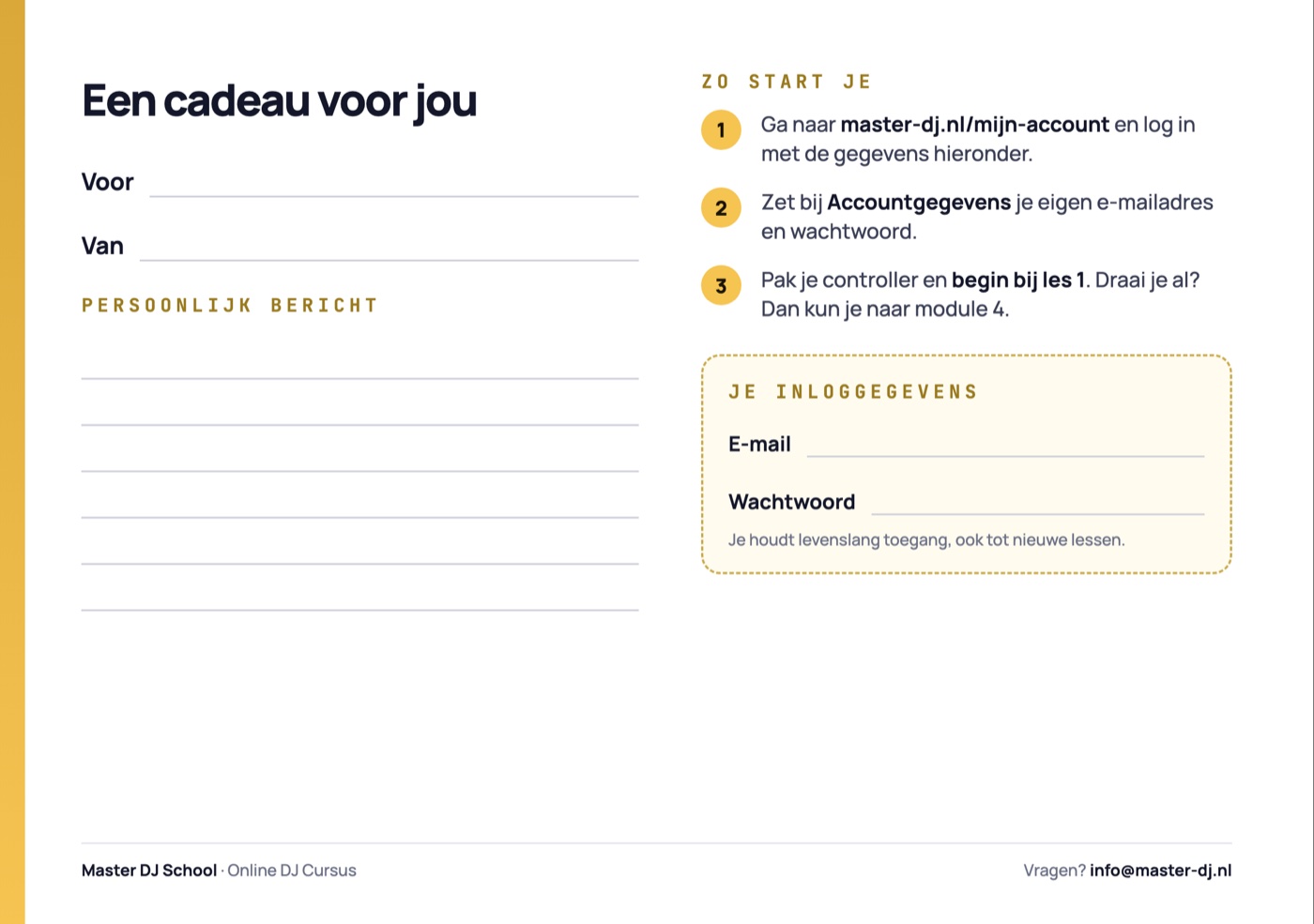 Achterkant van de DJ cadeaubon met ruimte voor een bericht en de inloggegevens